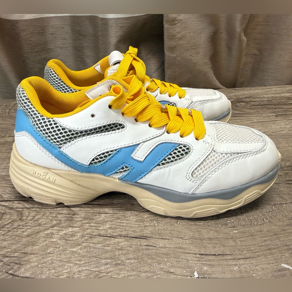 Hogan H665 low-top sneakers white, blue, and yellow with mesh and leather 36 - 6